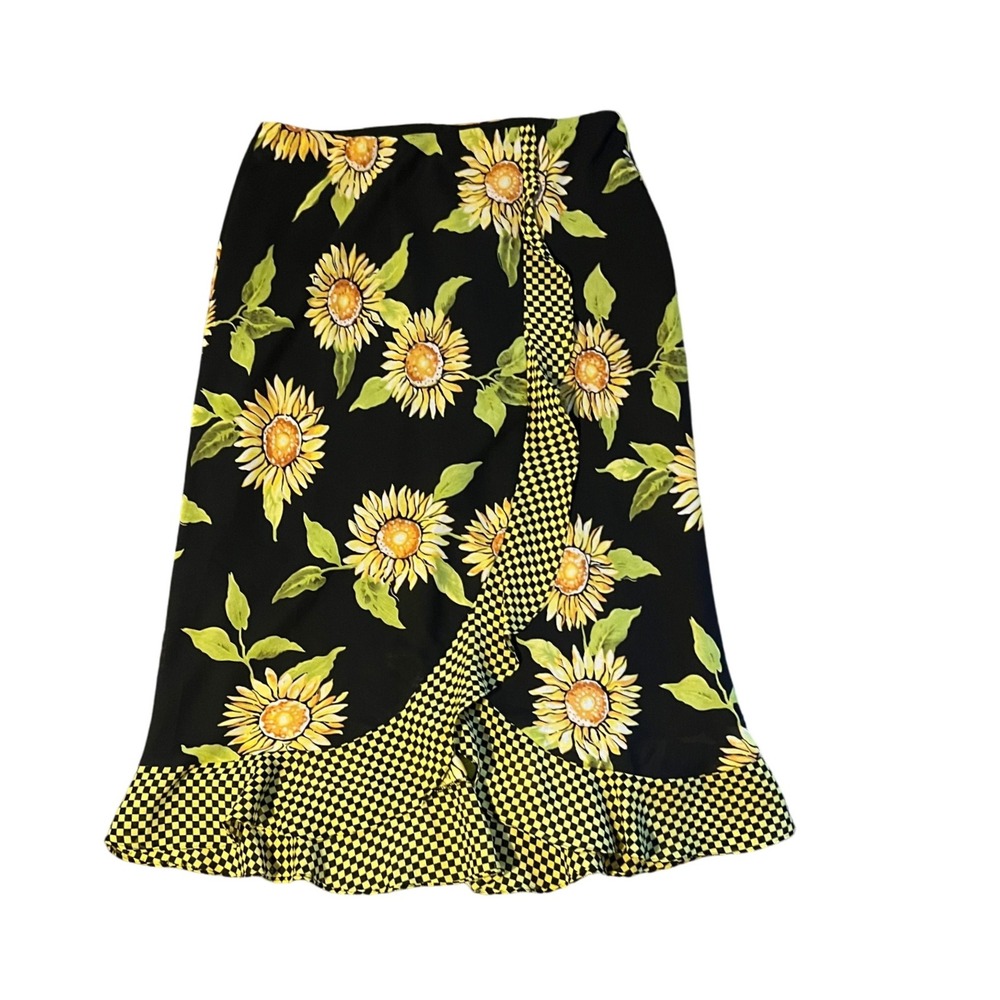 Nouveaux Black Sunflower Wrap Midi Skirt Women's Size 10 Ruffle Hem‎